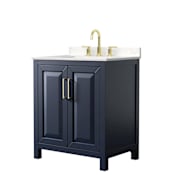 Wyndham Collection Daria 30" Free Standing Single Basin Vanity Set with Cabinet and Cultured Marble Vanity Top for Widespread Faucets Dark Blue / Carrara Cultured Marble Top / Brushed Gold Hardware