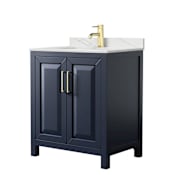Wyndham Collection Daria 30" Free Standing Single Basin Vanity Set with Cabinet and Quartz Vanity Top Dark Blue / Giotto Quartz Top / Brushed Gold Hardware
