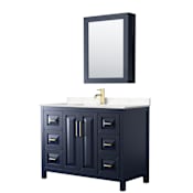 Wyndham Collection Daria 48" Free Standing Single Basin Vanity Set with Cabinet, Cultured Marble Vanity Top, and Medicine Cabinet Dark Blue / Carrara Cultured Marble Top / Brushed Gold Hardware