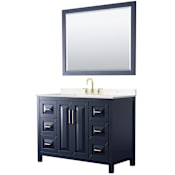 Wyndham Collection Daria 48" Free Standing Single Basin Vanity Set with Cabinet, Cultured Marble Vanity Top for Widespread Faucets, and Framed Mirror Dark Blue / Carrara Cultured Marble Top / Brushed Gold Hardware