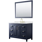 Wyndham Collection Daria 48" Free Standing Single Basin Vanity Set with Cabinet, Quartz Vanity Top, and Framed Mirror Dark Blue / Giotto Quartz Top / Brushed Gold Hardware