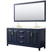 Wyndham Collection Daria 72" Free Standing Double Basin Vanity Set with Cabinet, Cultured Marble Vanity Top for Widespread Faucets, and Framed Mirror Dark Blue / Carrara Cultured Marble Top / Brushed Gold Hardware