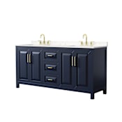 Wyndham Collection Daria 72" Free Standing Double Basin Vanity Set with Cabinet and Cultured Marble Vanity Top for Widespread Faucets Dark Blue / Carrara Cultured Marble Top / Brushed Gold Hardware