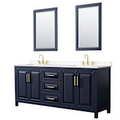 Wyndham Collection Daria 80" Free Standing Double Basin Vanity Set with Cabinet, Cultured Marble Vanity Top for Widespread Faucets, and Framed Mirror Set Dark Blue / Carrara Cultured Marble Top / Brushed Gold Hardware