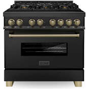 ZLINE Autograph Edition 36 Inch Wide 4.6 Cu. Ft. Free Standing Dual Fuel Range with Brass Burners, Champagne Bronze Accents, and StayPut Door Black Stainless Steel