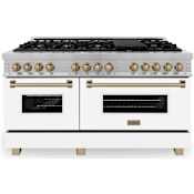 ZLINE Autograph Edition 60 Inch Wide 7.4 Cu. Ft. Free Standing Fingerprint Resistant Dual Fuel Range with Brass Burners, Champagne Bronze Accents, and White Matte Door Stainless Steel / White Matte