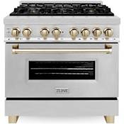 ZLINE Autograph Edition 36 Inch Wide 4.6 Cu. Ft. Free Standing Dual Fuel Range with Brass Burners and Gold Accents Stainless Steel