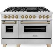 ZLINE Autograph Edition 48 Inch Wide 6 Cu. Ft. Free Standing Dual Fuel Range with Brass Burners, Champagne Bronze Accents, and Griddle Stainless Steel