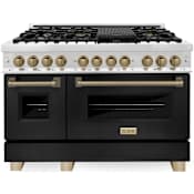 ZLINE Autograph Edition 48 Inch Wide 6 Cu. Ft. Free Standing Dual Fuel Range with Black Matte Door, Brass Burners, Champagne Bronze Accents, and Griddle Stainless Steel / Black Matte