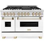 ZLINE Autograph Edition 48 Inch Wide 6 Cu. Ft. Free Standing Dual Fuel Range with Brass Burners, Gold Accents, Griddle, and White Matte Door Stainless Steel / White Matte