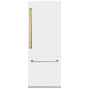 ZLINE Autograph Edition 30 Inch Wide 16.1 Cu. Ft. Energy Star Certified Bottom Freezer Refrigerator in White Matte with Champagne Bronze Handles Stainless Steel / Champagne Bronze
