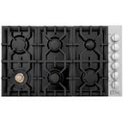 ZLINE 36 Inch Wide 6 Burner Natural Gas Cooktop with Brass Burners Black Stainless Steel