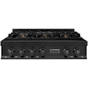 ZLINE 36 Inch Wide 6 Burner Natural Gas Rangetop with Brass Burners Black Stainless Steel