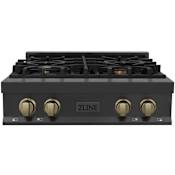 ZLINE Autograph Edition 30 Inch Wide 4 Burner Natural Gas Rangetop with Italian-Made Sealed Burners and Champagne Bronze Knobs Black Stainless Steel / Champagne Bronze