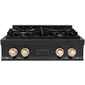 ZLINE Autograph Edition 30 Inch Wide 4 Burner Natural Gas Rangetop with Italian-Made Sealed Burners and Gold Knobs Black Stainless Steel / Gold