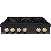 ZLINE Autograph Edition 36 Inch Wide 6 Burner Natural Gas Rangetop with Italian-Made Sealed Burners and Gold Knobs Black Stainless Steel / Gold