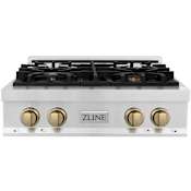 ZLINE Autograph Edition 30 Inch Wide 4 Burner Fingerprint Resistant Natural Gas Rangetop with Italian-Made Sealed Burners and Champagne Bronze Knobs Fingerprint Resistant Stainless Steel / Champagne Bronze