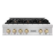 ZLINE Autograph Edition 36 Inch Wide 6 Burner Fingerprint Resistant Natural Gas Rangetop with Italian-Made Sealed Burners and Gold Knobs Fingerprint Resistant Stainless Steel / Gold