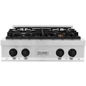 ZLINE Autograph Edition 30 Inch Wide 4 Burner Natural Gas Rangetop with Italian-Made Sealed Burners and Matte Black Knobs Stainless Steel / Matte Black