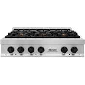 ZLINE Autograph Edition 36 Inch Wide 6 Burner Natural Gas Rangetop with Italian-Made Sealed Burners and Matte Black Knobs Stainless Steel / Matte Black
