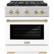ZLINE Autograph Edition 30 Inch Wide 4.2 Cu. Ft. Free Standing Fingerprint Resistant Gas Range with Italian-Made Sealed Burners, Polished Gold Accents, and White Matte Door Stainless Steel / White Matte