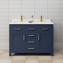 Dark Blue / Carrara Cultured Marble Top / Brushed Gold Hardware