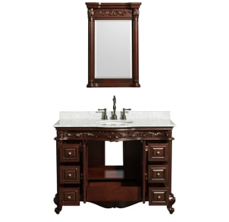 Open Front Vanity View with White Carrera Top and Mirror