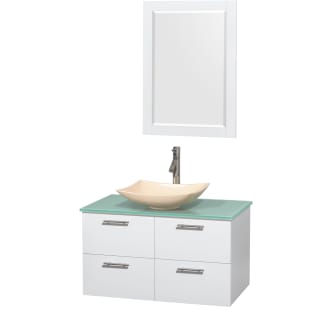 Glossy White Vanity with Green Glass Top and Arista Ivory Marble Sink