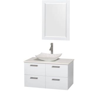 Glossy White Vanity with White Stone Top and Arista White Carrera Marble Sink