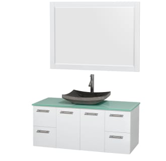 Glossy White Vanity with Green Glass Top and Altair Black Granite Sink
