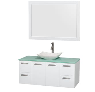 Glossy White Vanity with Green Glass Top and Arista White Carrera Marble Sink