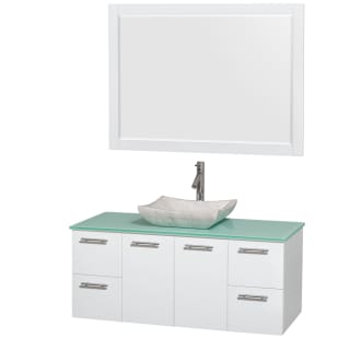 Glossy White Vanity with Green Glass Top and Avalon White Carrera Marble Sink