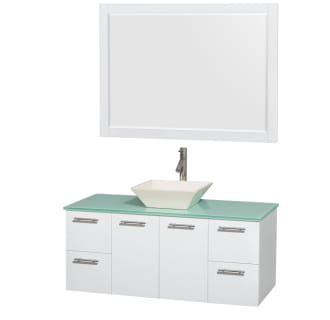 Glossy White Vanity with Green Glass Top and Bone Porcelain Sink
