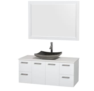 Glossy White Vanity with White Stone Top and Altair Black Granite Sink