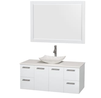 Glossy White Vanity with White Stone Top and Arista White Carrera Marble Sink