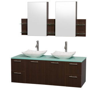 Espresso Vanity with Green Glass Top and Arista White Carrera Marble Sinks