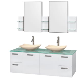 Glossy White Vanity with Green Glass Top and Arista Ivory Marble Sinks