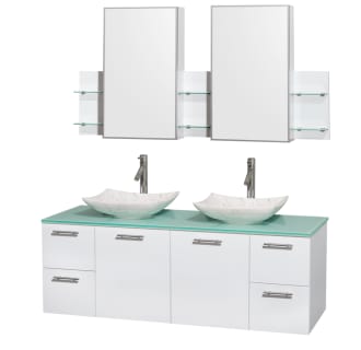 Glossy White Vanity with Green Glass Top and Arista White Carrera Marble Sinks