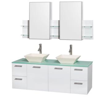 Glossy White Vanity with Green Glass Top and Bone Porcelain Sinks