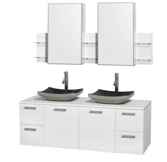 Glossy White Vanity with White Stone Top and Altair Black Granite Sinks