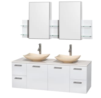 Glossy White Vanity with White Stone Top and Arista Ivory Marble Sinks
