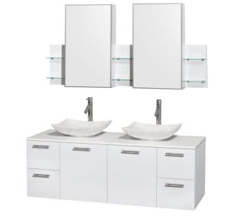Glossy White Vanity with White Stone Top and Arista White Carrera Marble Sinks