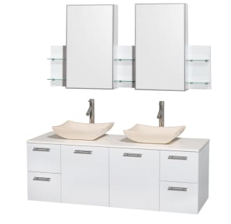 Glossy White Vanity with White Stone Top and Avalon Ivory Marble Sinks