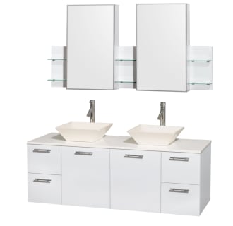 Glossy White Vanity with White Stone Top and Bone Porcelain Sinks