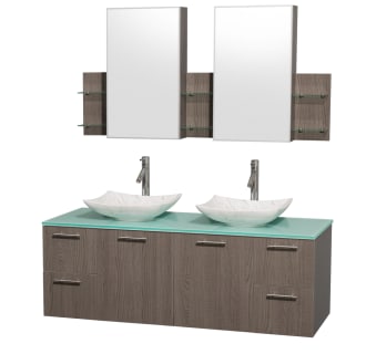 Grey Oak Vanity with Green Glass Top and Arista White Carrera Marble Sinks