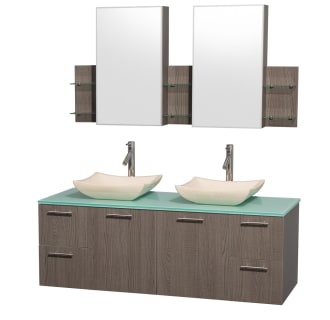 Grey Oak Vanity with Green Glass Top and Avalon Ivory Marble Sinks