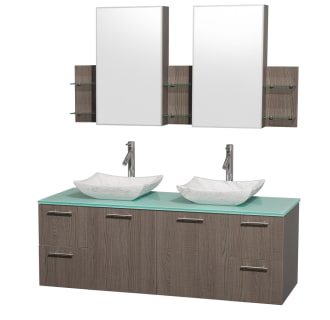 Grey Oak Vanity with Green Glass Top and Avalon White Carrera Marble Sinks