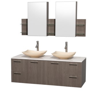 Grey Oak Vanity with White Stone Top and Arista Ivory Marble Sinks