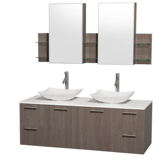 Grey Oak Vanity with White Stone Top and Arista White Carrera Marble Sinks