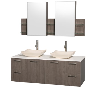 Grey Oak Vanity with White Stone Top and Avalon Ivory Marble Sinks